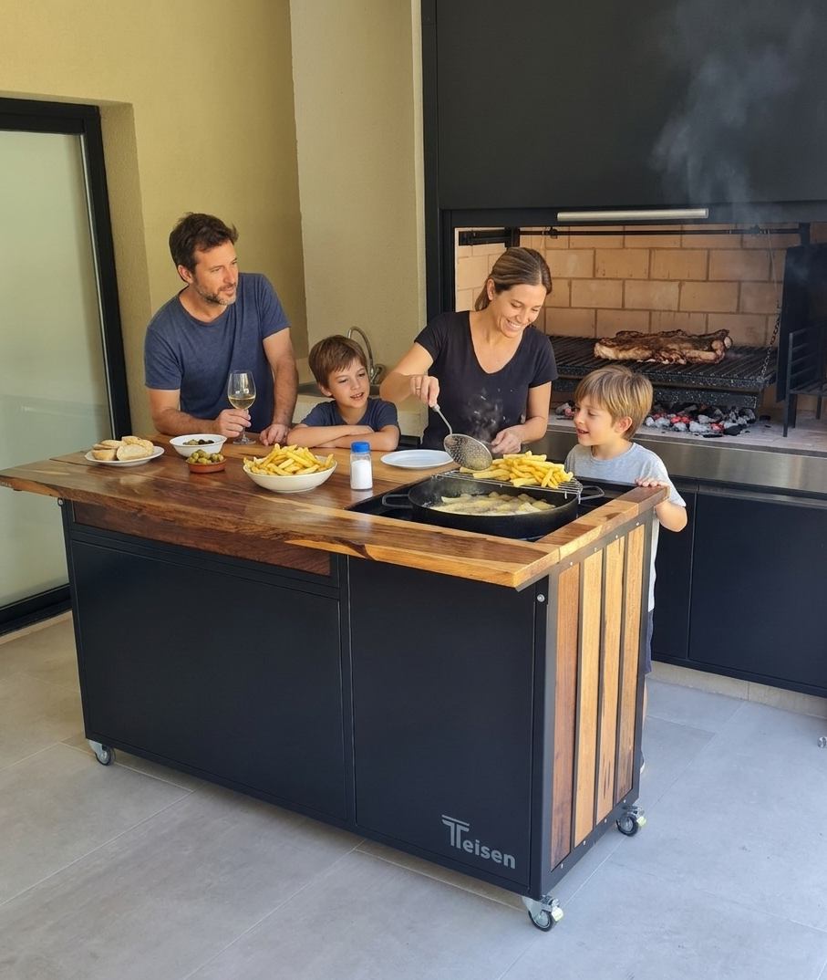Familia cocinando alrededor de una barra móvil Teisen