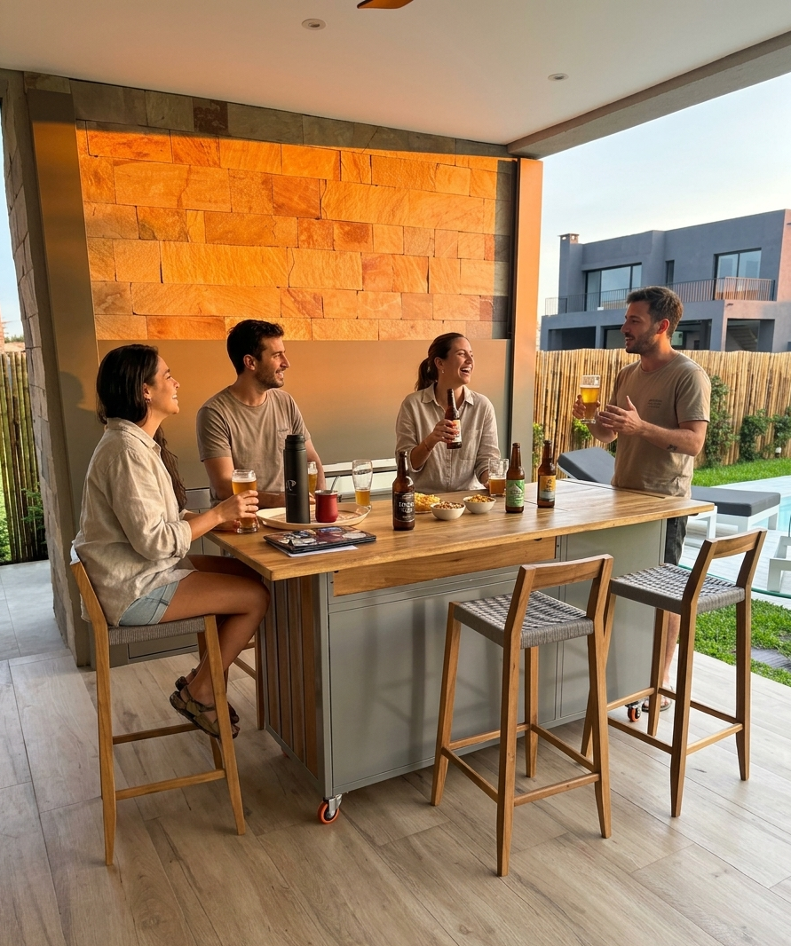 Amigos disfrutando cervezas al atardecer con una barra Teisen