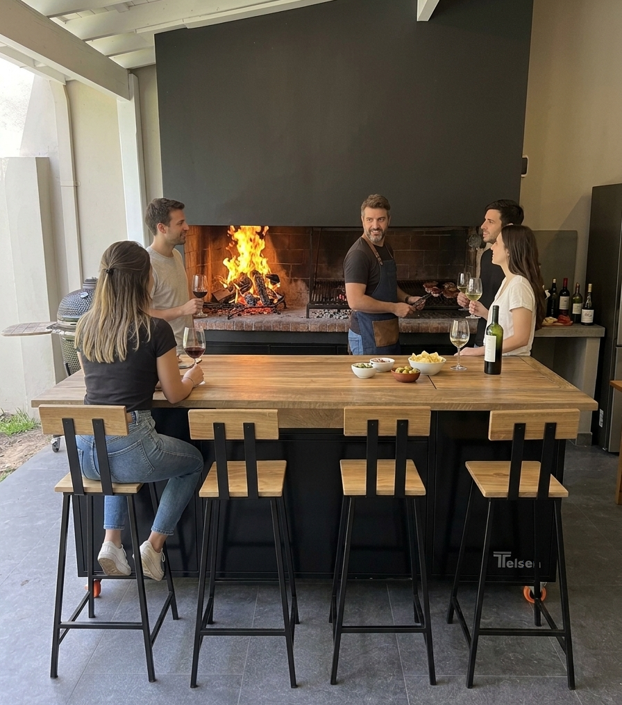 Grupo reunido alrededor de una barra Teisen con parrilla y fuego